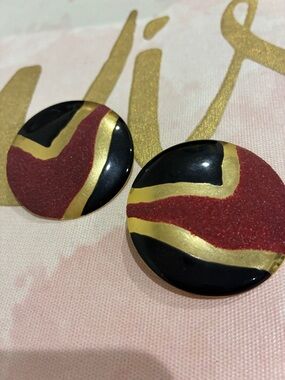 Round Black, Red & Gold Statement Earrings